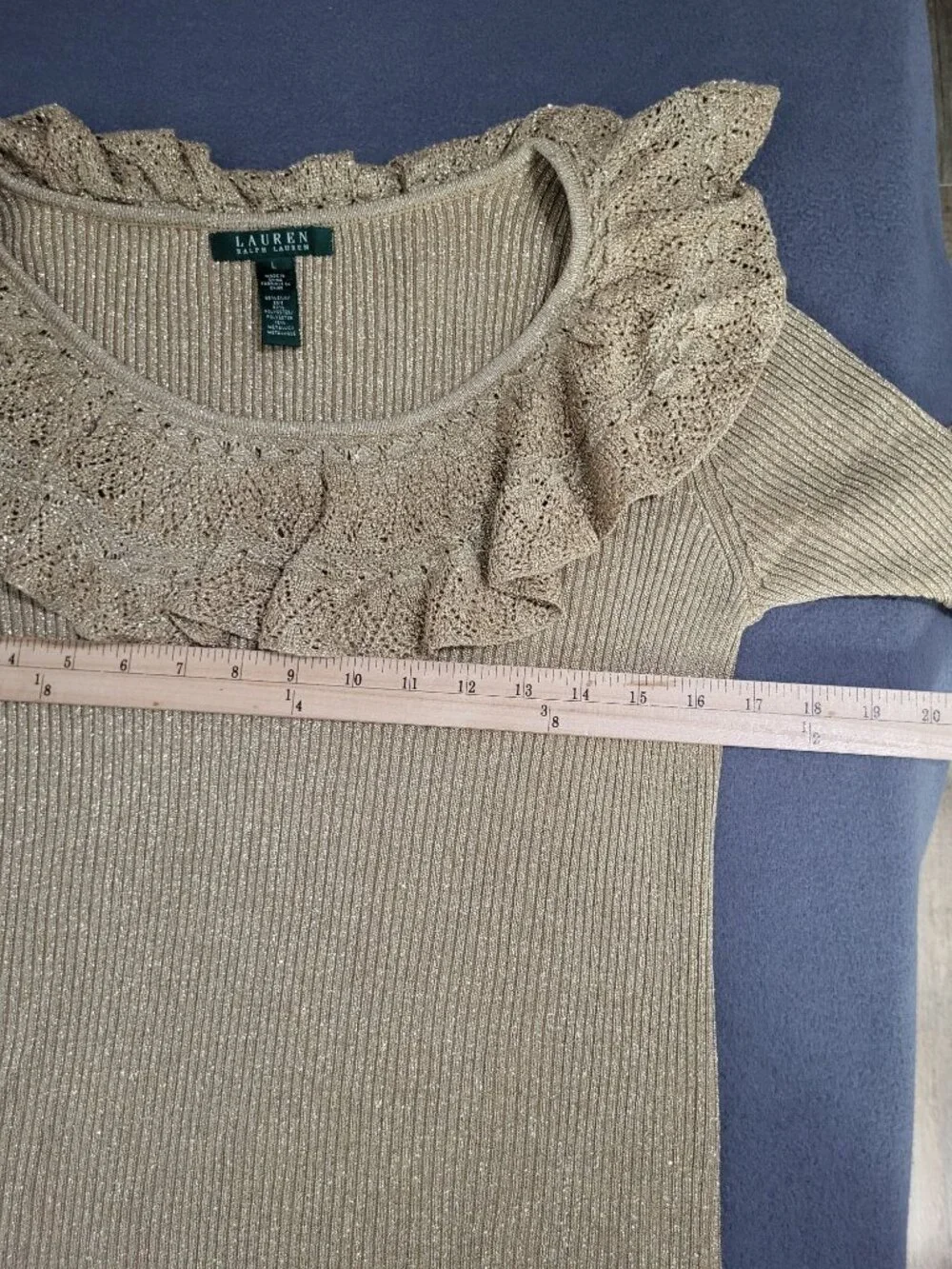 LAUREN RALPH LAUREN Womens L Gold Metallic Silk Polyester Ribbed Sweater Ruffle - Picture 6 of 7